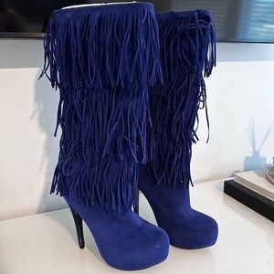 Blue fringe high heel boots